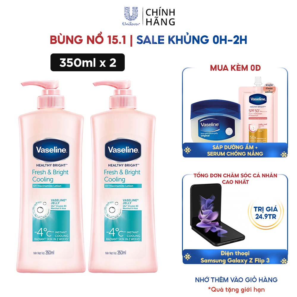 Combo 2 Gel dưỡng thể dưỡng sáng mát lạnh Vaseline Fresh &amp; Bright 350ML/chai