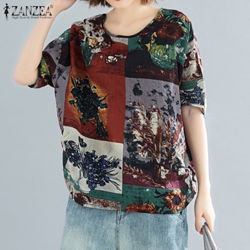 ZANZEA Áo Kiểu Nữ Ngắn Tay Cổ Tròn Thời Trang Hàn