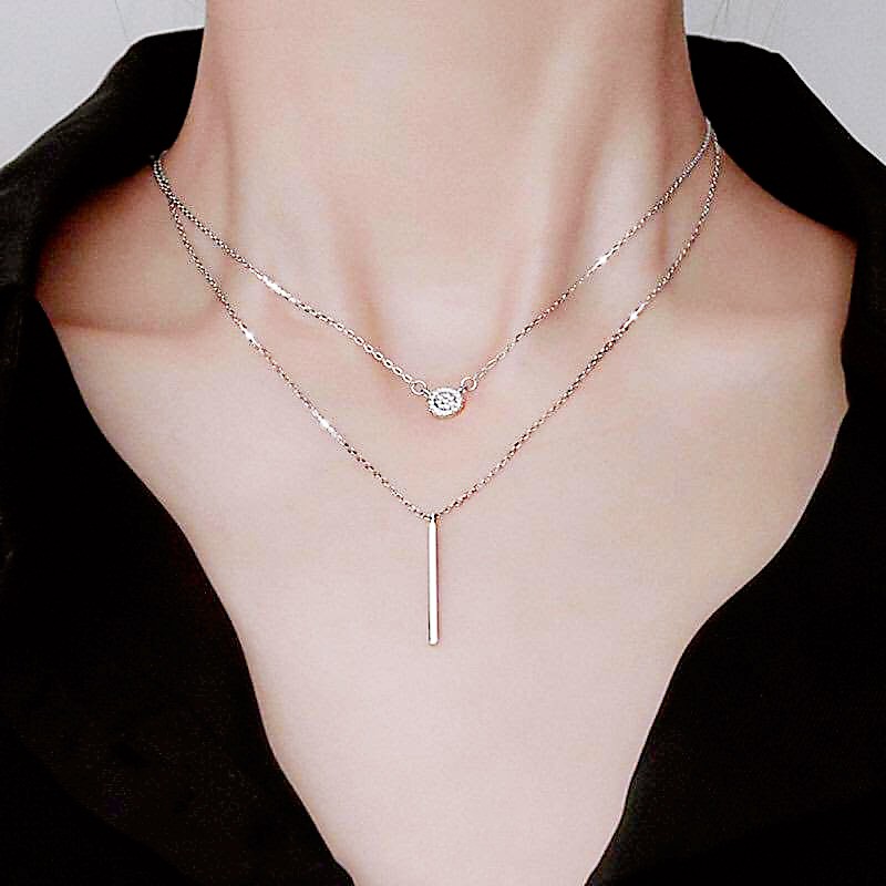 Dây chuyền bạc Dây kép 2 sợi mix mặt tròn đính đá và thanh line bạc ta