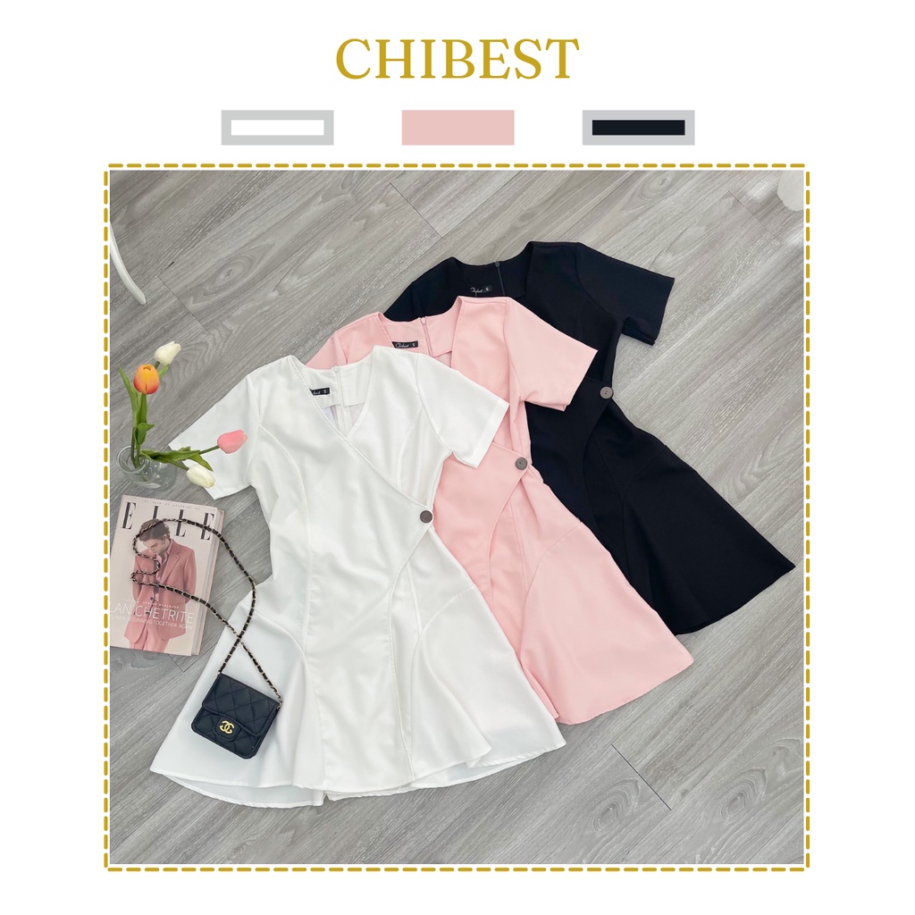 Đầm xòe ngắn cổ V vạc chéo nút eo chất liệu kaki  CHIBEST HDB87