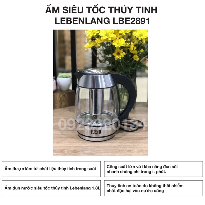 [Mã 155ELSALE giảm 7% đơn 300K] Ấm siêu tốc thủy tinh Lebenlang LBE2819