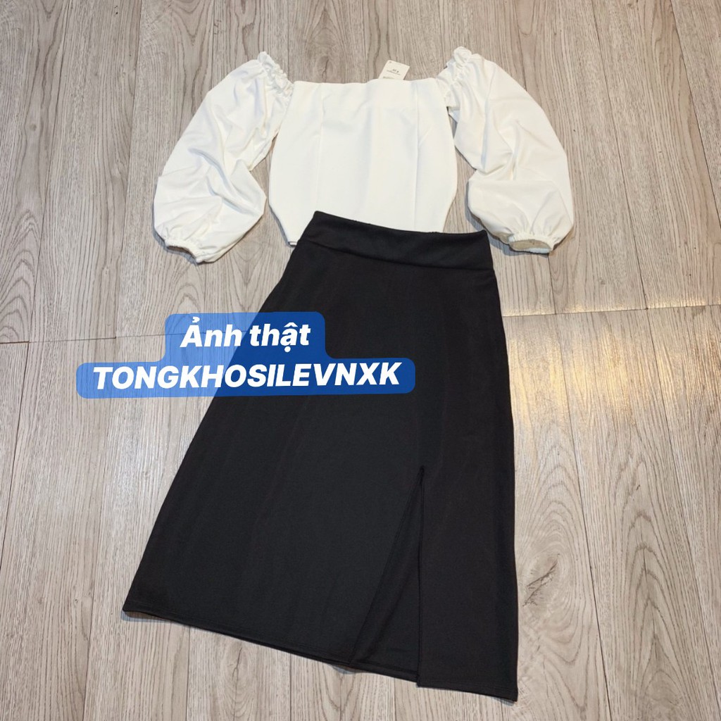 SET ÁO TRỄ VAI TAY BỒNG RỜI TRẮNG MIX CHÂN VÁY XẺ TÀ TUYẾT MƯA ĐEN ULZZANG