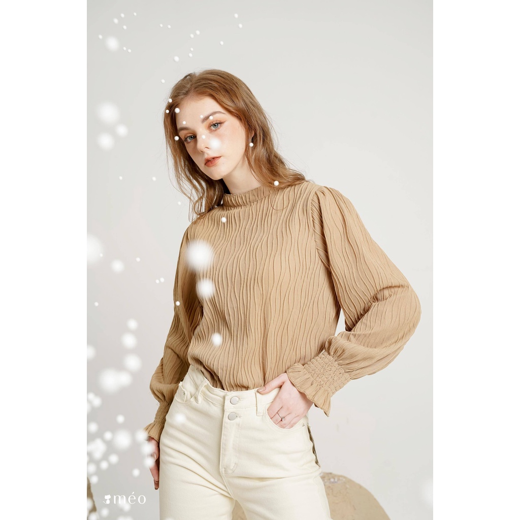 Áo kiểu nữ Méo shop Sleeve họa tiết lượn sóng cổ cao dài tay phong cách Hàn Quốc