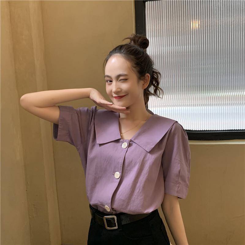 Áo Sơ Mi Tay Ngắn Phồng Màu Tím Phong Cách Pháp Thời Trang Mùa Hè 2022 Mới