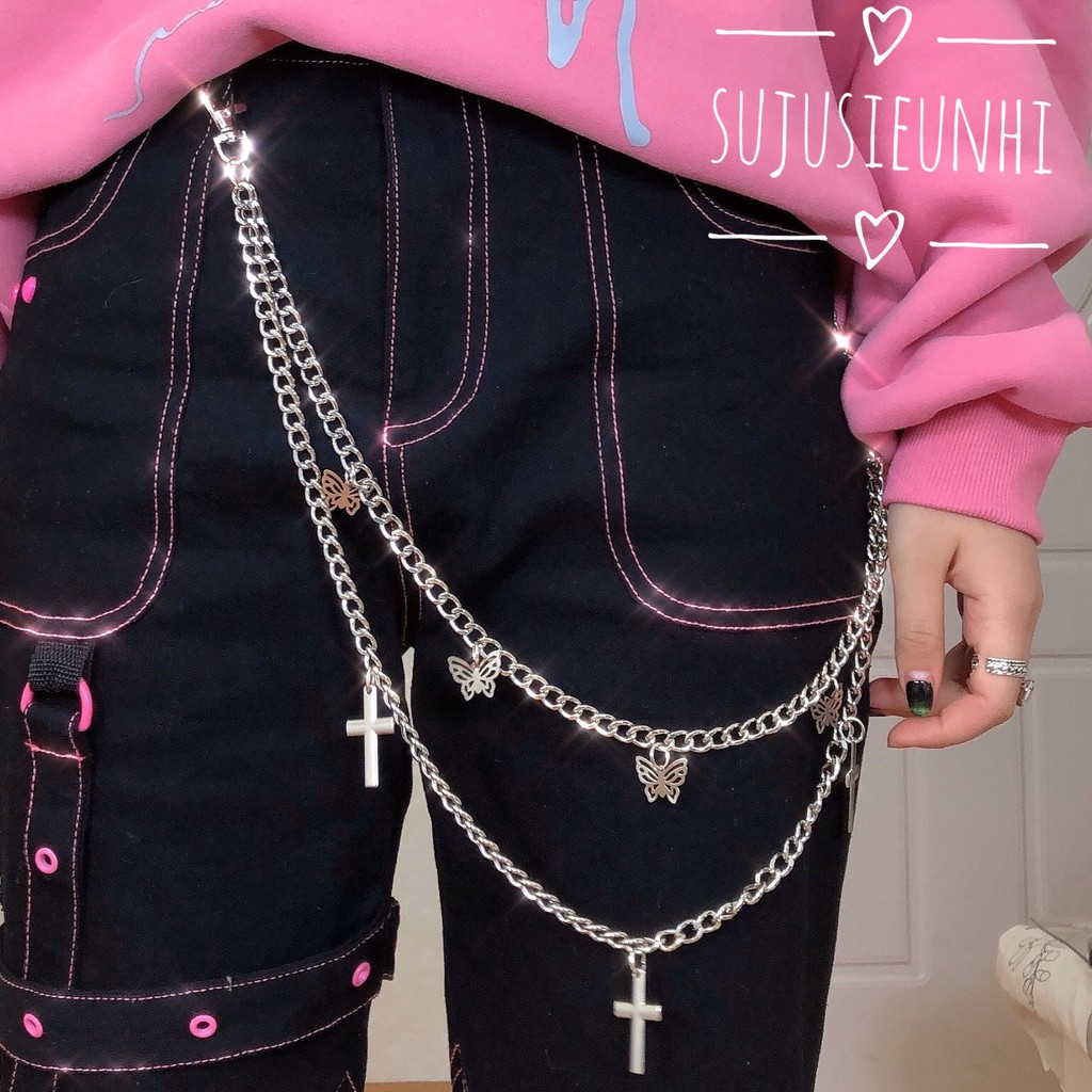 (Lẻ) Dây xích đôi unisex hình bướm và chữ thập đeo kèm quần, váy- chain thắt lưng