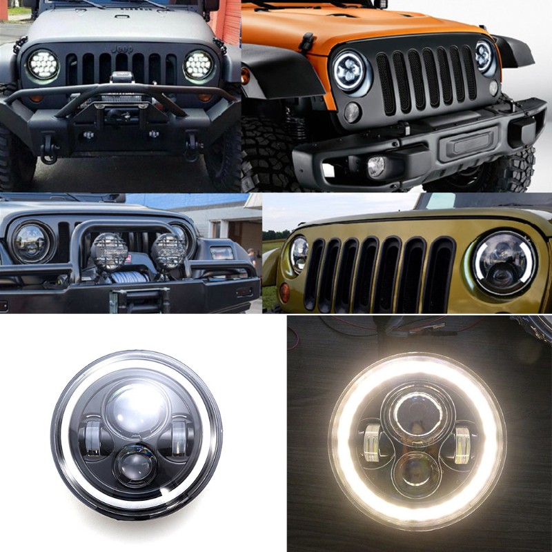 run 7Inch LED Headlight H4 H13 Amber Angel Eyes For JEEP CJ JK TJ Wrangler