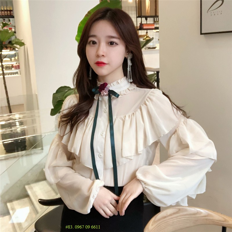 (SẴN NÂU FRS) #83. Sơ mi viền cổ đính nơ bèo tầng tay bồng (FEEDBACK+HÌNH THẬT 3 ẢNH CUỐI)