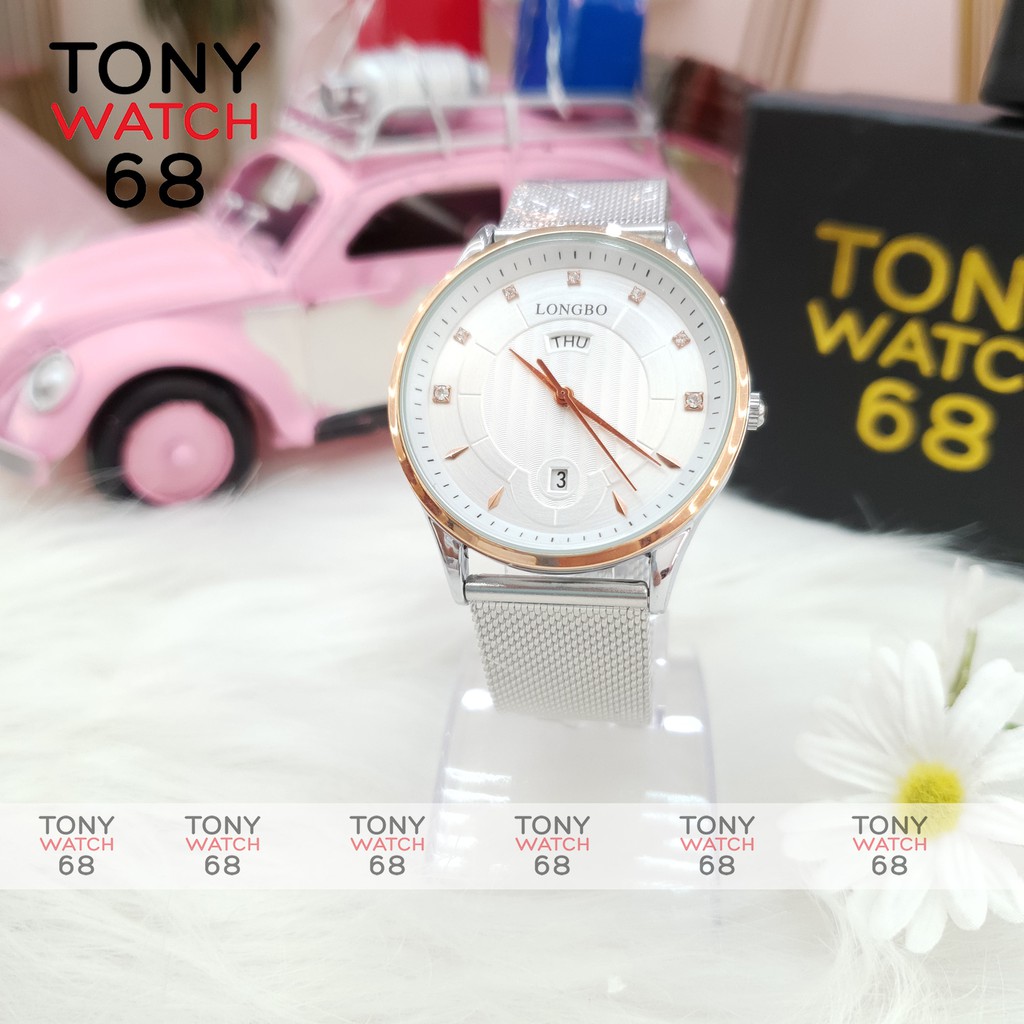 Đồng hồ nam LongBo dây lụa màu bạc có lịch chống nước chính hãng Tony Watch 68