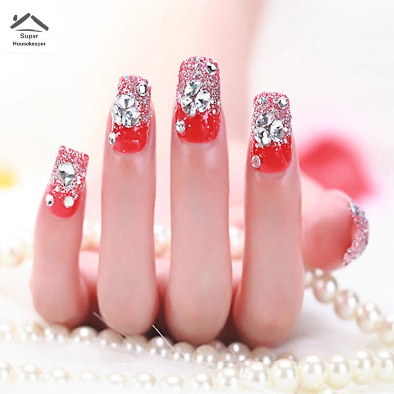 Set 24 móng tay giả màu đỏ đính đá 3D thời trang cho nữ