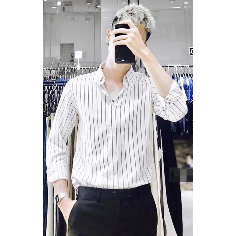 Áo Sơ Mi Đen Sọc Dáng Vừa Cổ Vest Nam Nữ