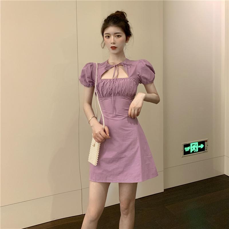 Đầm ngắn tay phồng xếp li xinh xắn theo phong cách retro hàn quốc