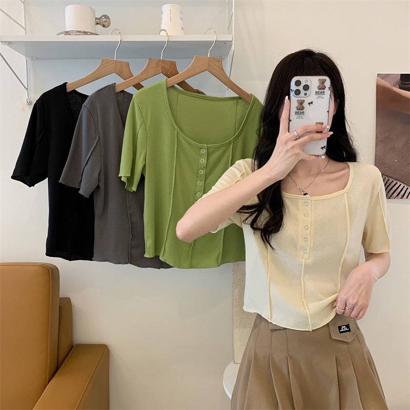 Áo Thun Tay Ngắn Cổ Vuông Dáng Rộng Phong Cách Hàn Quốc Thời Trang Cho Nữ