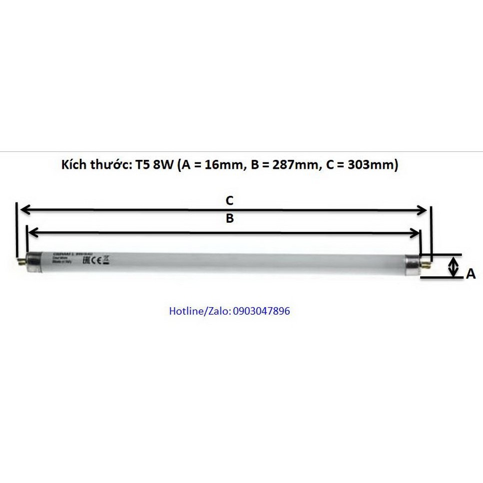 Bóng huỳnh quang T5 8w, 288mm, ánh sáng trắng 6500K, dùng cho đèn Exit
