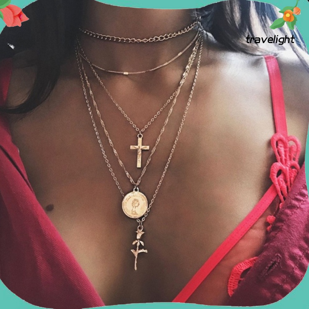 Vòng cổ Nhiều Tầng Mặt Hình Thánh Giá/Hoa Hồng Phong Cách Cổ Điển Cho Nữ