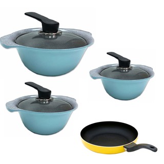Bộ Nồi Ceramic Vân Đá Đáy Từ ILO Kitchen Hàn Quốc Nắp Kính màu Xanh tặng 1 chảo Fivestar ( 18cm x 21cm x 27cm )