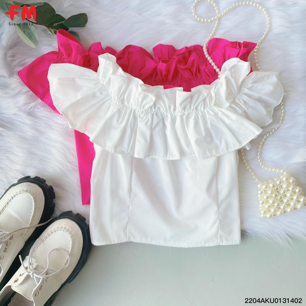 Áo trễ vai Fmstyle shop phối bèo màu sắc trendy, Áo trễ vai croptop tiểu thư dễ thương 204140058