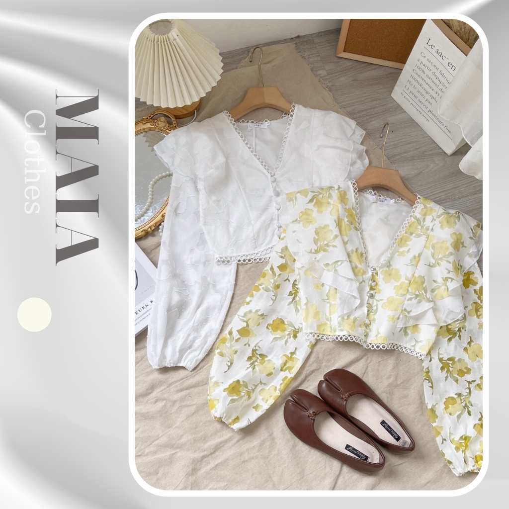 Áo sơ mi nữ kiểu thêu hoa cổ bèo dáng croptop dài tay bồng 6808 Maiaclothes