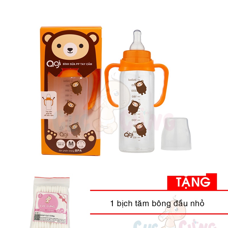 Bình sữa Agi nhựa PP cổ nhỏ/cổ thường có tay cầm 250ml  Tặng 1 bịch tăm bông đầu nhỏ