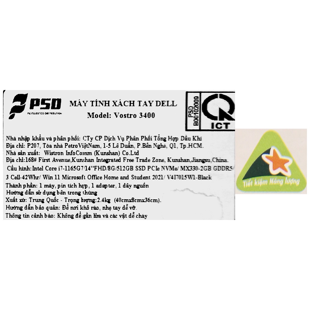 Laptop Dell Vostro 3400 i7 1165G7/8GB/512GB/2GB MX330/14"F/OfficeHS/Win11//Đen - Hàng chính hãng