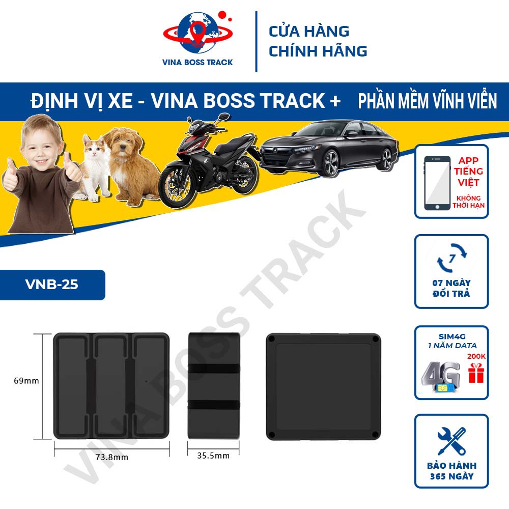 Thiết bị định vị ô tô xe máy Vina Boss Track-VNB-25, phần mềm miễn phí, bảo hành 12 tháng, ưu đãi mua sim 4G data 1 năm