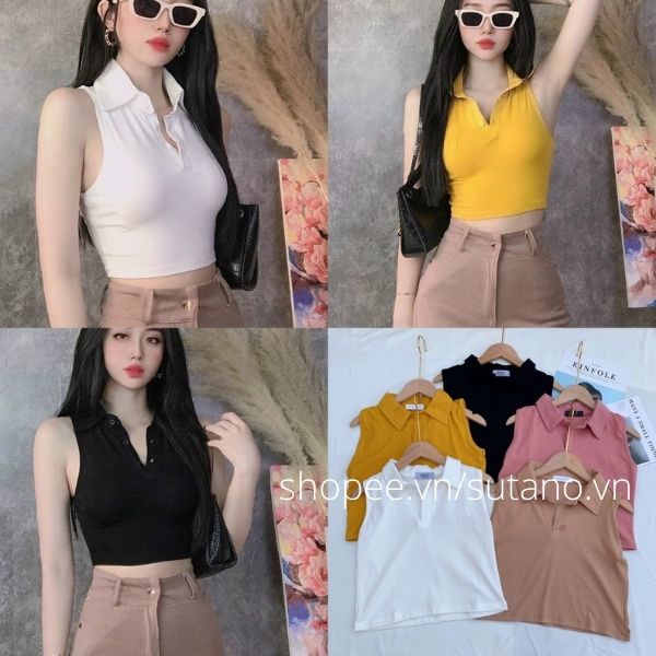 áo polo croptop cổ bẻ không tay chất zip co giãn cao cấp A234 SUTANO