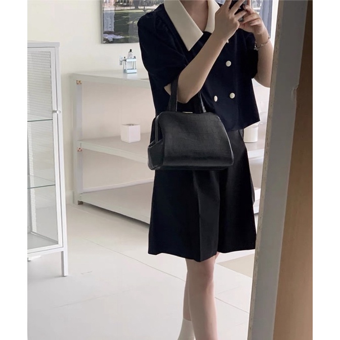 Áo suông tím than phối cổ trắng Hàn Quốc