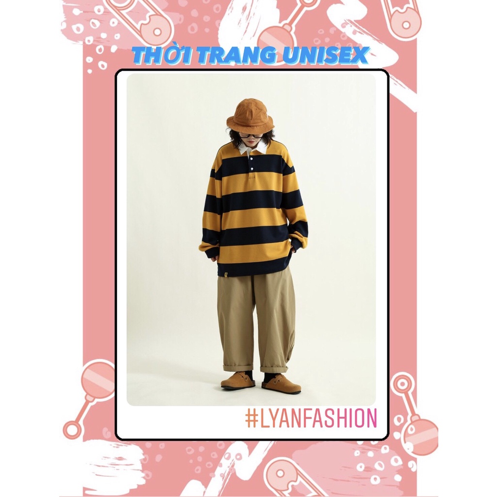 [LT370] Áo Sweater Polo kẻ vàng đen, oversize unisex cực kỳ thời trang cho giới trẻ genz