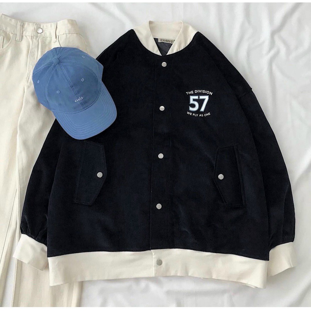Áo Khoác Bomber Nhung Gân Tăm Thêu DIVISION  Jacket Varsity 57 Unisex Form Rộng Ulzzang