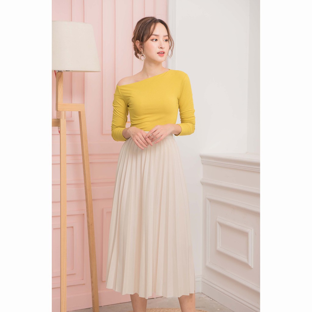 Chân váy midi xếp ly dáng dài LYNS chất liệu lụa lưng cao xòe dài qua gối (Hàng thiết kế). | BigBuy360 - bigbuy360.vn