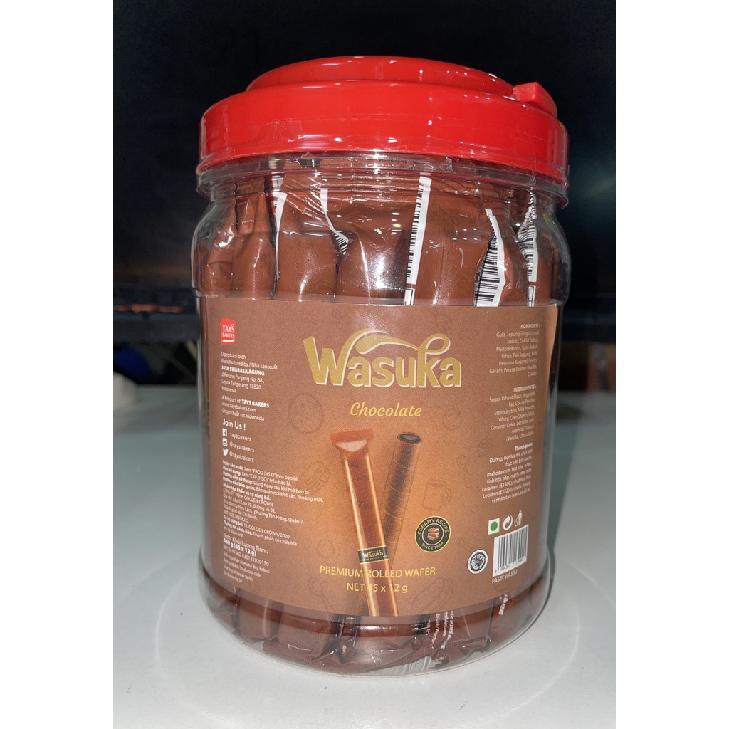 Bánh Quế Wasuka Premium Rolled Wafer Vị Chocolate (Hủ 45 cây x 12g)