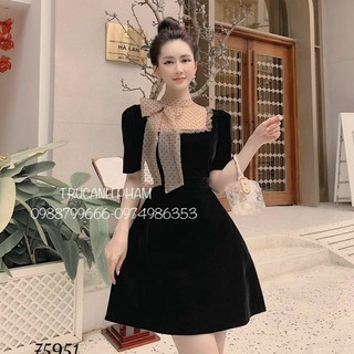 Đầm nữ dự tiệc cổ vuông cách điêu nơ 2 màu đỏ đen gợi cảm trẻ trung