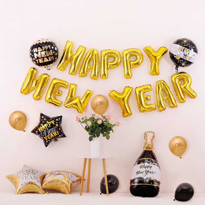 Bóng hapy new year hình chai rượu, ngôi sao, hình tròn, bóng chúc mừng năm mới 2022 các loại