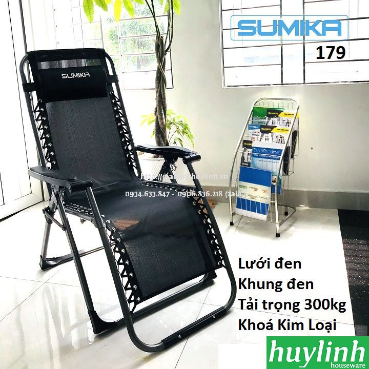 Freeship Ghế xếp gấp thư giãn Sumika 179 - Lưới đen - Khung Đen - Tải trọng 300kg - Tặng khay xếp ly