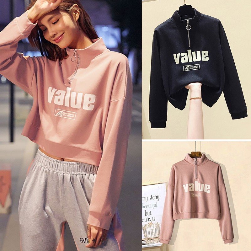 Áo Thun Nữ Dài Tay Dáng Lửng Phối Khóa Kéo Cổ In Chữ VALUE Thời Trang Zenkocs3 WM TOP 128