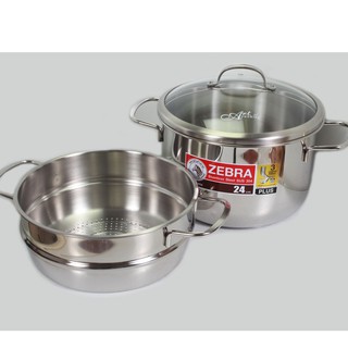 Bộ nồi xửng hấp Zebra Thái Lan 24cm-6.2L-3 đáy-163640, nắp kính, Inox 304. Lồng hấp cao 10cm