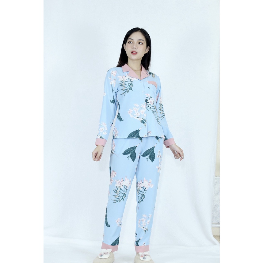 [HÌNH THẬT 100%] Bộ đồ Pijama nữ dài họa tiết NỀN XANH HOA LÁ- vải siêu lụa cao cấp - Cực Kì Sang Chả