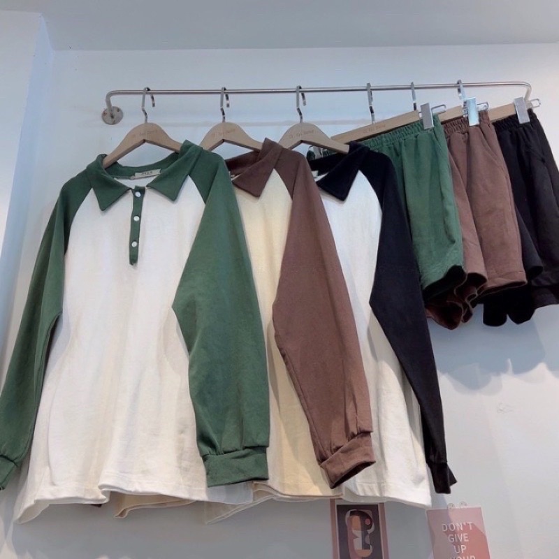 Set Polo Nữ Form Rộng Phối Raplang , Bộ Thể Thao Tay Dài Áo Cổ Đức  Kèm Quần Short Năng Động Trẻ Trung(ảnh thật)
