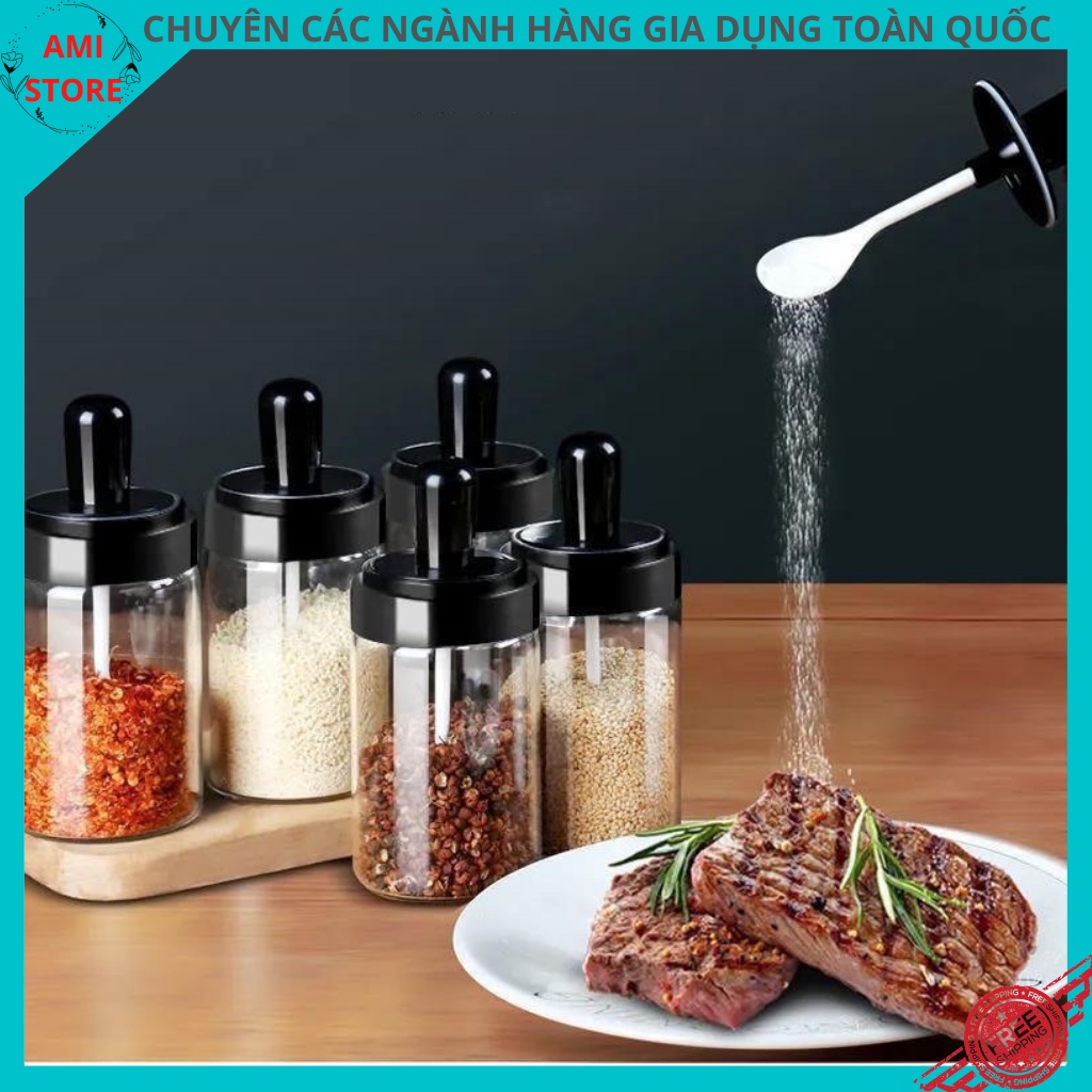 Hũ / Lọ thủy tinh đựng gia vị chống ẩm kèm muỗng đa năng tiện ích đồ dùng nhà bếp