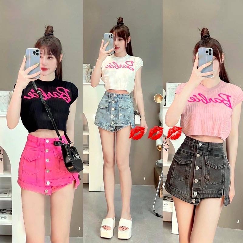 Áo len Montoghi dệt kim Quảng Châu Barbie TAY HẾN (dạng lửng) dáng ngắn siêu dễ thương