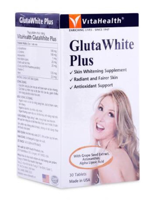 Viên Uống Trắng Da, Ngăn Lão Hóa,Thâm,Nám và Tàn Nhang VitaHealth Gluta White Plus (Hộp 30 viên)