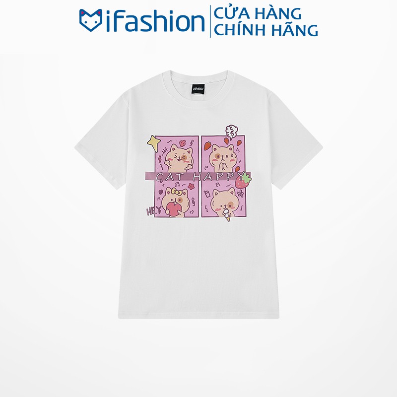 Áo thun unisex IFASHION chất cotton tay lỡ form rộng in hình happy cat N090