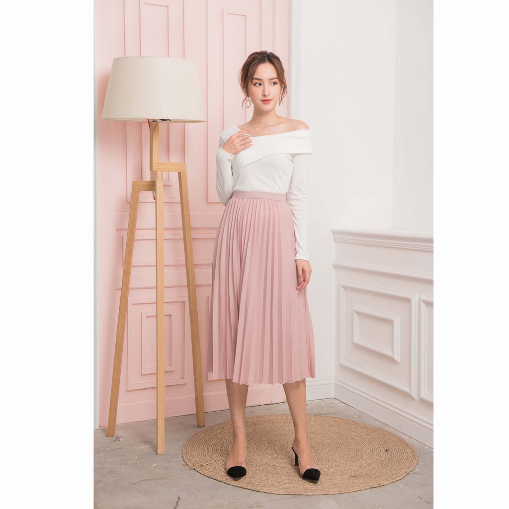 Chân váy midi xếp ly dáng dài LYNS chất liệu lụa lưng cao xòe dài qua gối (Hàng thiết kế). | BigBuy360 - bigbuy360.vn