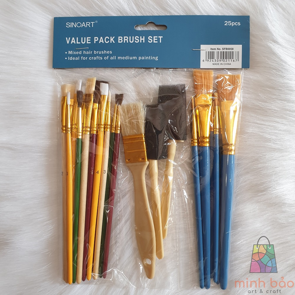 BỘ 25 CÂY CỌ VẼ GIÁ RẺ SINOART (ĐẦU CỌ ĐỦ DÁNG, PHÙ HỢP TÔ MÀU NƯỚC, ACRYLIC, SƠN DẦU...)