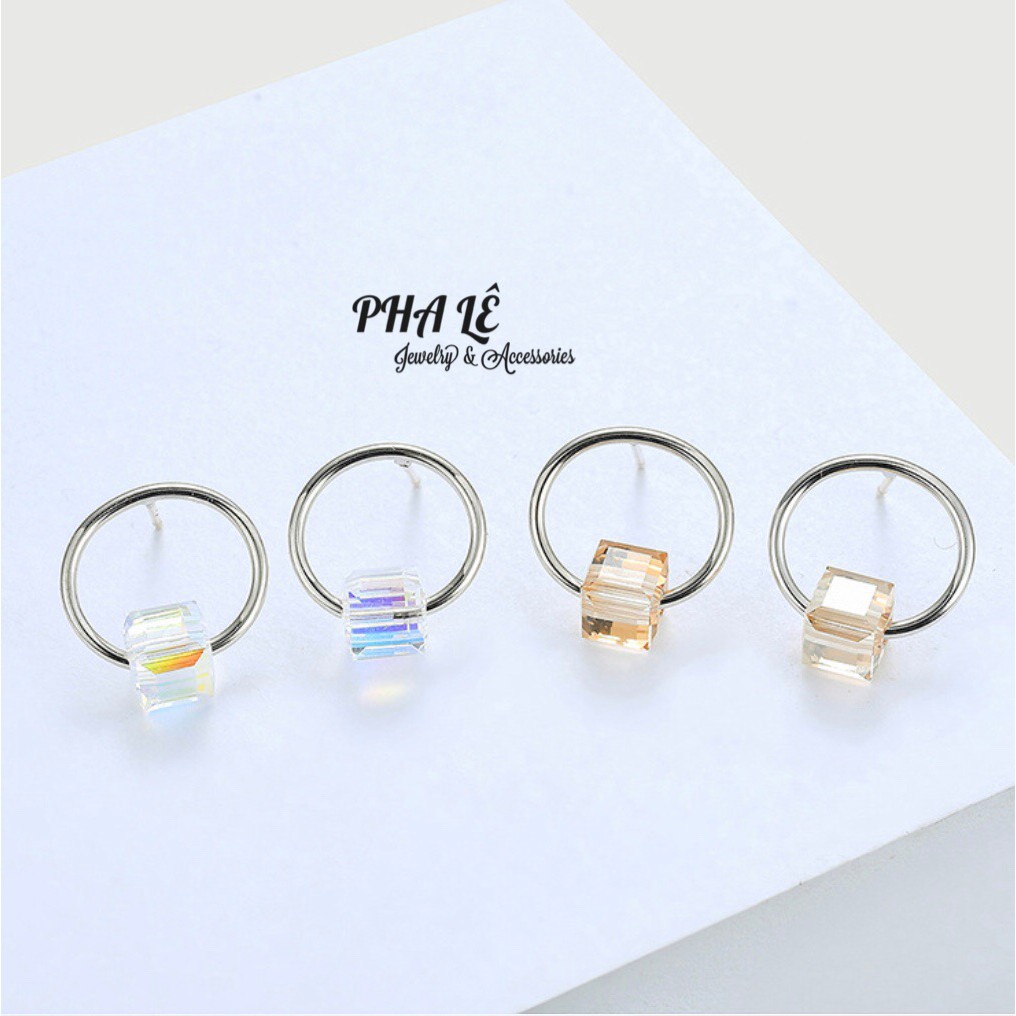 Bông Tai Pha Lê Vuông Vòng Tròn Được Thiết Kế Từ Pha Lê Swarovski Và Bạc S925