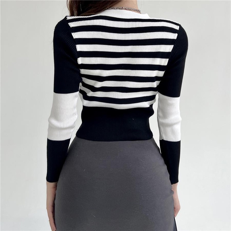 IELGY  Áo Sweater Dệt Kim Mỏng Cổ Chữ V Màu Sắc Tương Phản Thời Trang Cho Nữ