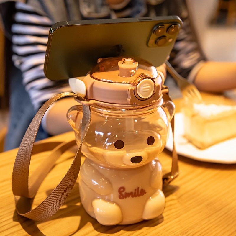 Bình Đựng Nước Cỡ Lớn Có Ống Hút Bằng Nhựa Hình Gấu Dễ Thương Sáng Tạo