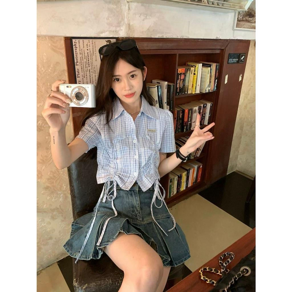 QADCOL Áo Sơ Mi polo Tay Ngắn Kẻ Sọc Xanh Dương Cao Cấp Thời Trang Mùa Hè Dành Cho Nữ