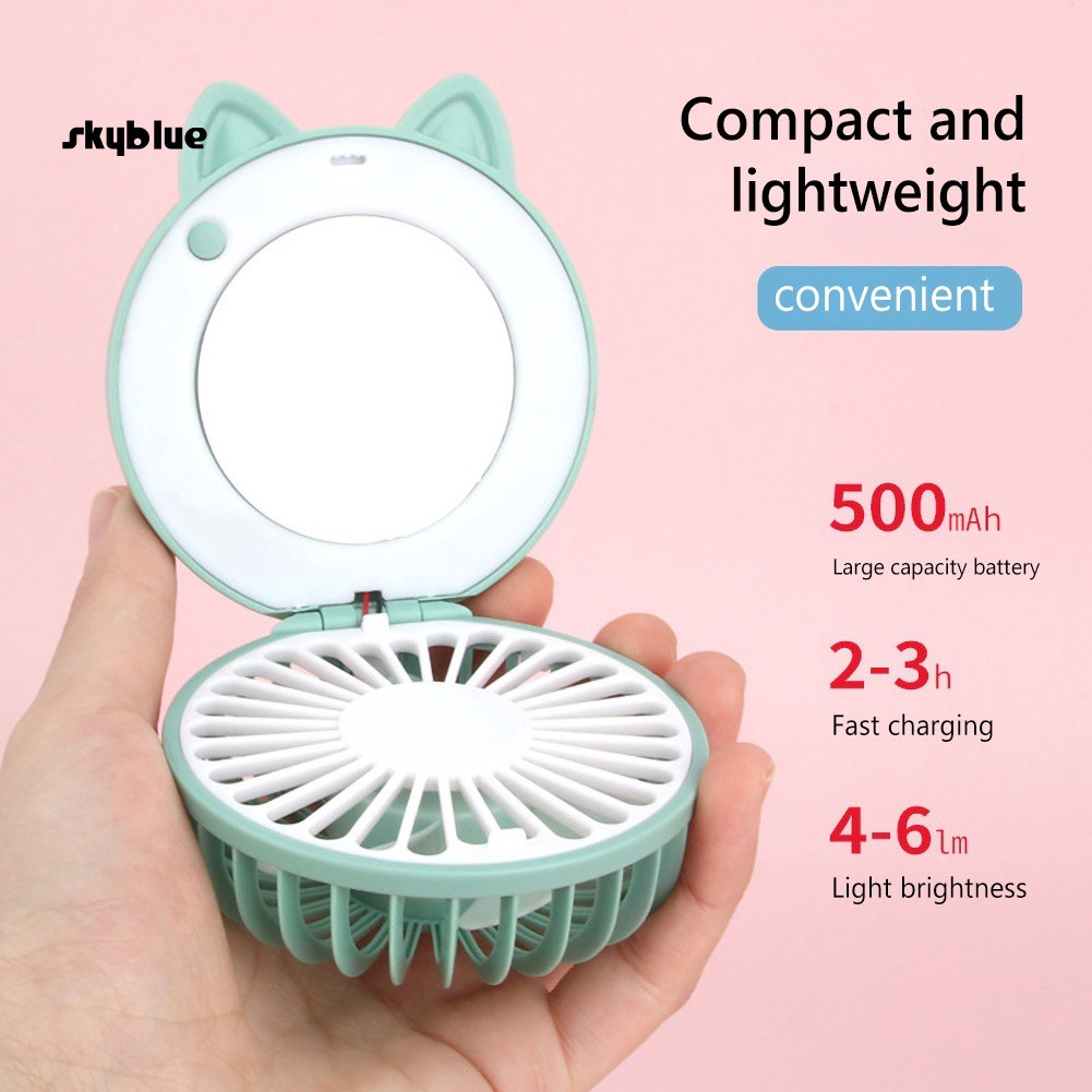 Quạt mini bỏ túi có đèn LED và gương trang điểm thiết kế hình mèo dễ thương cho nữ