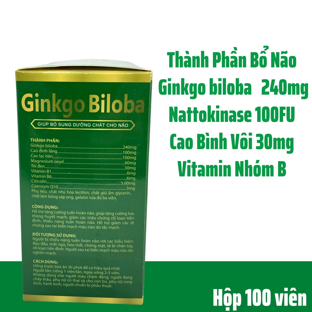 Viên uống bổ não GINKGO BILOBA 240mg, Tăng Cường Trí Não, Giẩm Hoa Mắt Chóng Mặt – HỘP 100v