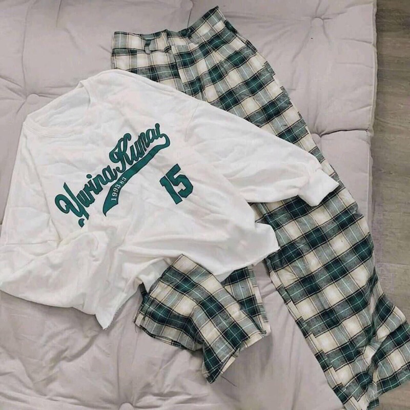 Sét áo tay bồng quần caro xanh phom to rộng HANA95 | BigBuy360 - bigbuy360.vn